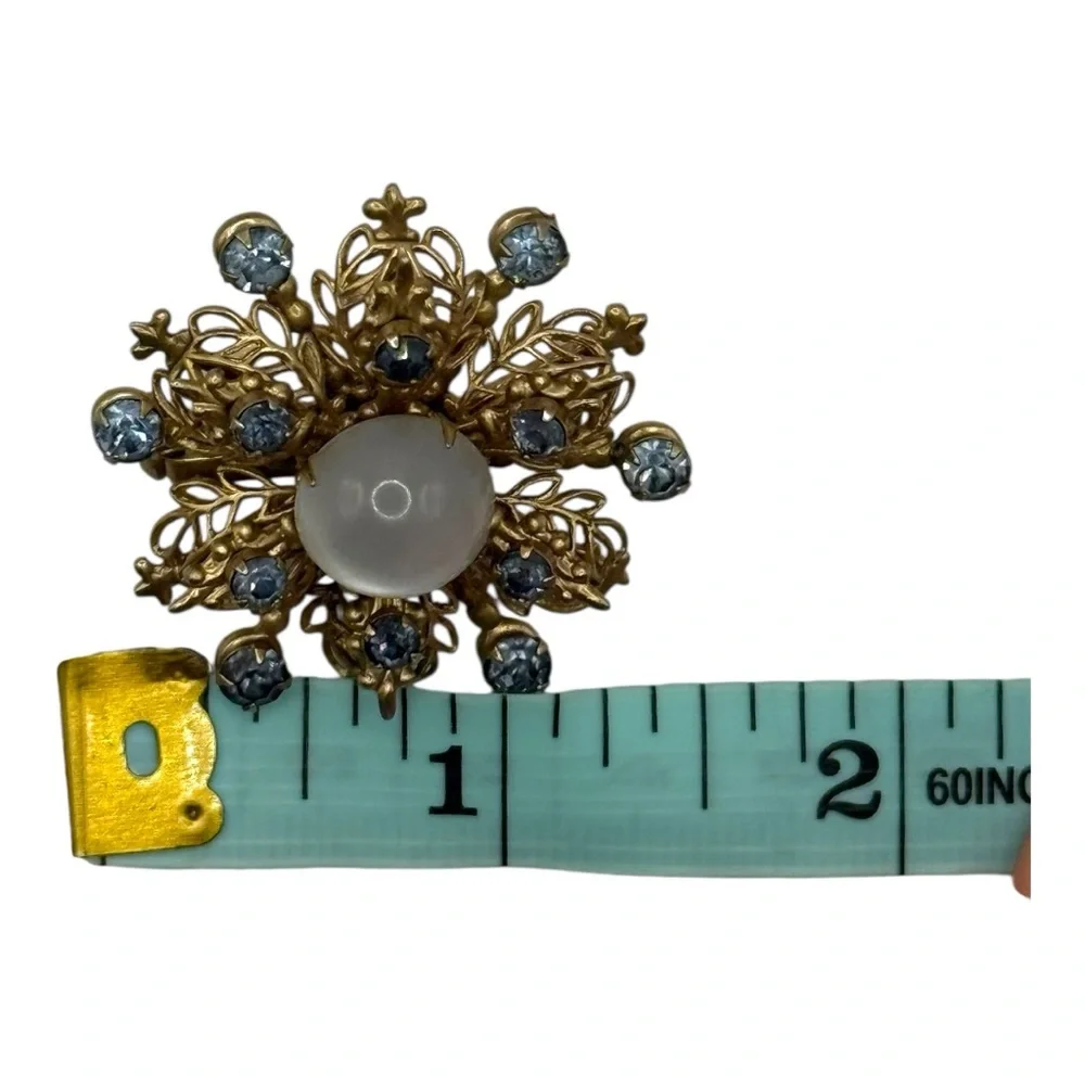 Gold Tone Filigree and Blue Crystals and faux pearl Brooch